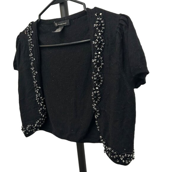 INC Beaded Black Shrug Cardigan Short Sleeve Silk Blend Sz Medium - Picture 3 of 8